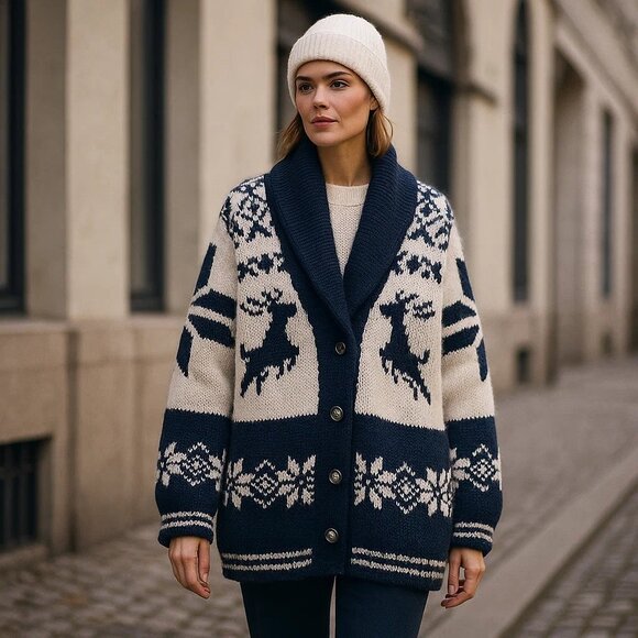 New Alpaca Wool Blend Christmas Cardigan Sweater Winter Fair Isle Knit Oversized - Picture 11 of 11